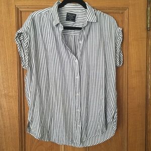 Grey and White Striped Short Sleeve Button Down